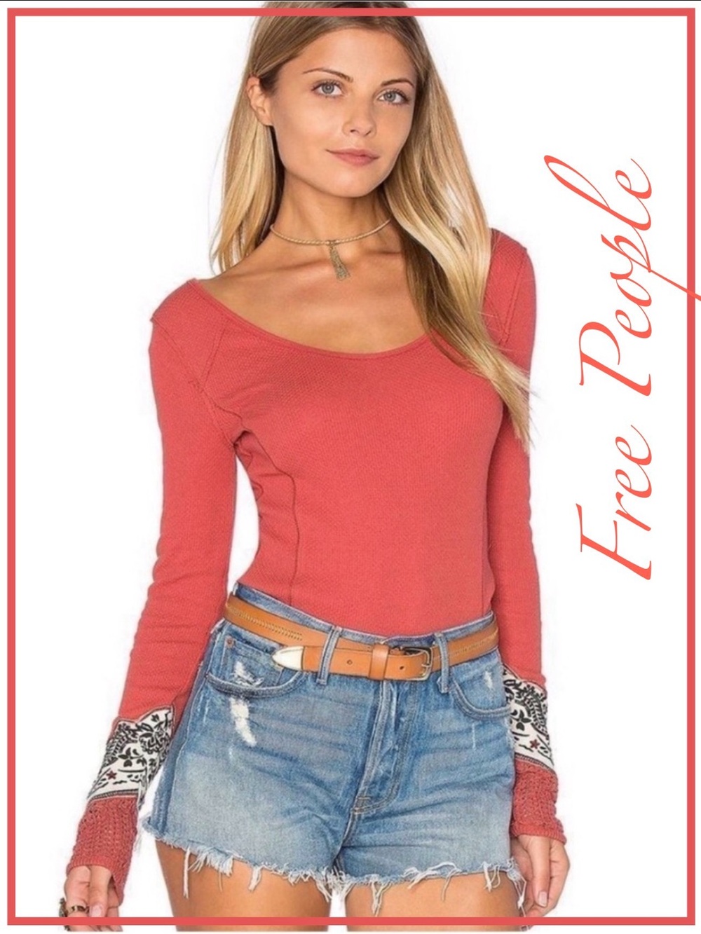 🔥NWOT🔥 Free People Small Bandana Cuff L/S Henley Top in Coral 🪸